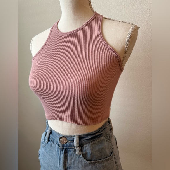 Pink High Neck Stretchy Ribbed Racer Back Crop Top Basic Size Small - Picture 3 of 5